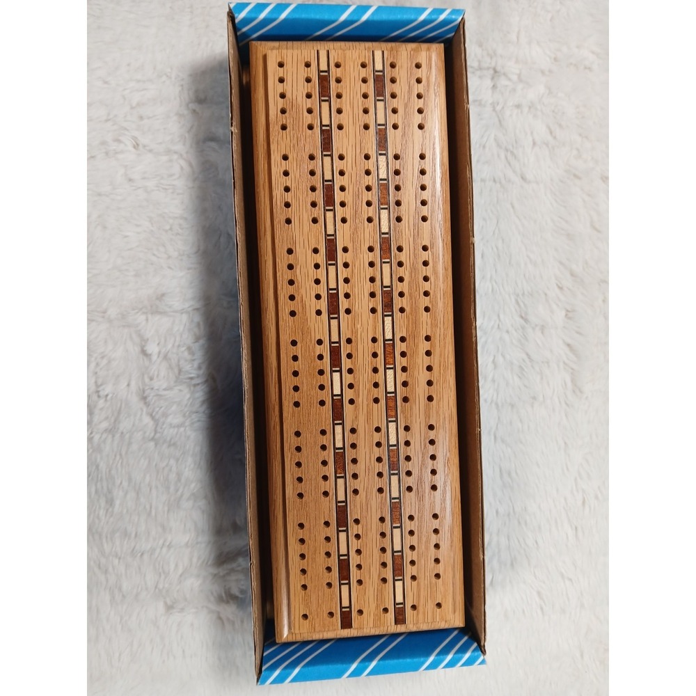 Vintage Cribbage Board Box Oak Wood Expressions USA Hinged Pegs & Cards Storage